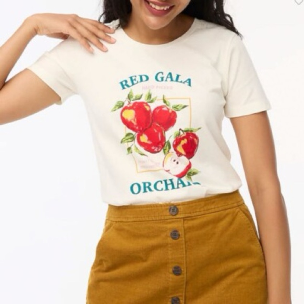 J. Crew Factory Cream Tee with Red and Green Apple Print
